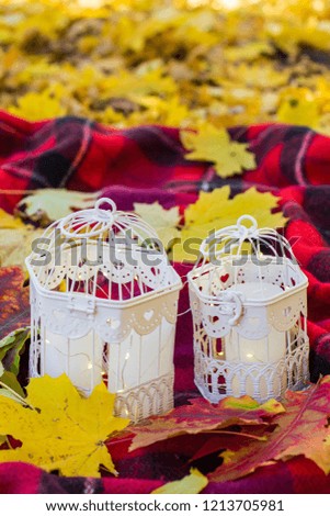 Candles in decorative cages on a blanket in the park