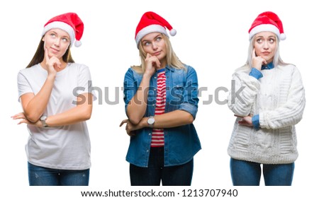 Collage of group of young women wearing christmas hat over isolated background with hand on chin thinking about question, pensive expression. Smiling with thoughtful face. Doubt concept.