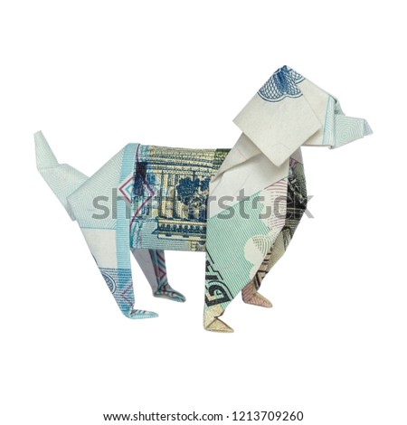 Money Origami Blue DOG Folded with 50 Russian Rubles Bill Isolated on White Background