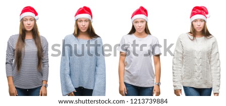Collage of young girl wearing christmas hat over white isolated background with serious expression on face. Simple and natural looking at the camera.