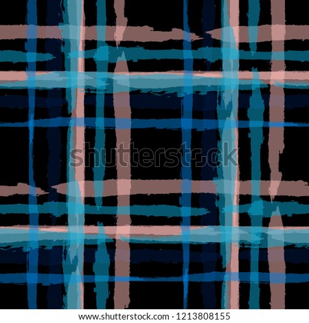 Plaid. Seamless Grunge Pattern with Hand Painted Crossing Brush Strokes for Print, Upholstery, Textile. Rustic Check Texture. Vector Seamless Kilt Texture.