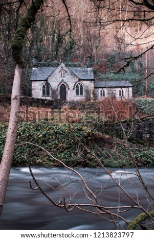 An old abandoned house, church in the woods, located in the Derbyshire Peak District National Park, Spooky, scary