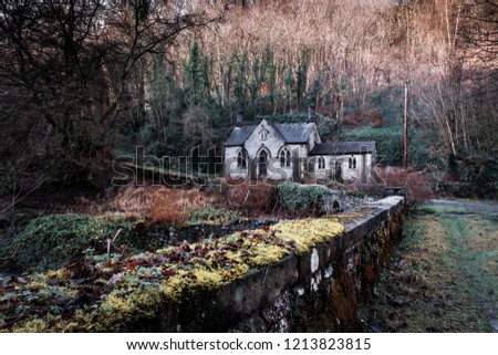 An old abandoned house, church in the woods, located in the Derbyshire Peak District National Park, Spooky, scary
