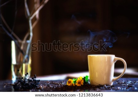 Hot white coffee mug and smoke