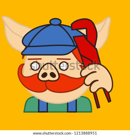 emoticon with plumber pig with mustache that is wearing overalls and a peaked cap holding an adjustable wrench tool, vector emoji drawn by hand in color, simplistic colorful picture