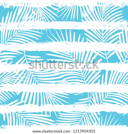 Tropical pattern, palm leaves seamless vector floral background. Exotic plant on stripes print illustration. Summer nature jungle print. Leaves of palm tree on paint lines. ink brush strokes