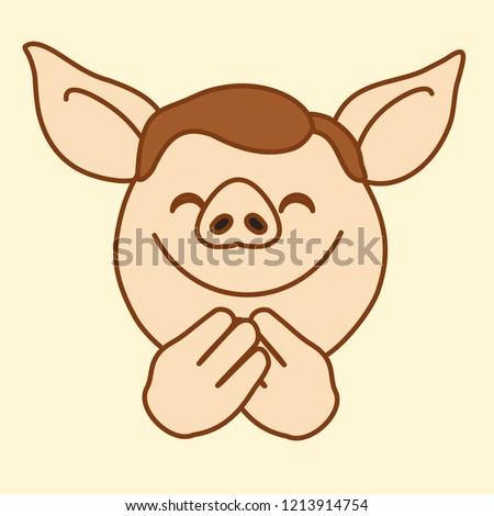 emoji with happy smiling pig guy that closed his eyes because he is feeling bliss or pleasure, simple hand drawn emoticon, simplistic colorful picture, vector art with pig-like characters