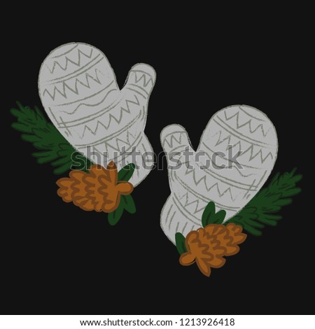 Knitted mittens with pinecones, branch Cosy Hugge Sweet Design Vector Isolated Elements. Perfect for greeting cards, invitation, decoration, holiday cards. Hand Drawn Cartoon Style.