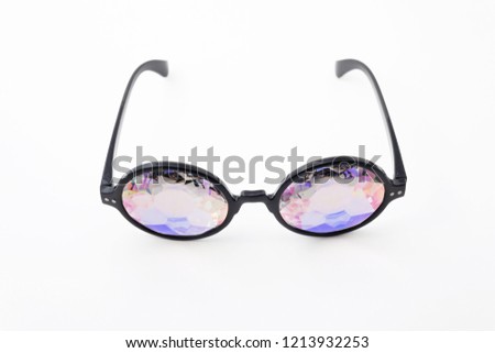 Glasses kaleidoscopes holographic white background isolated, view from above