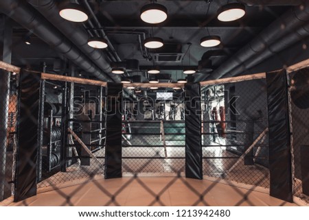 Modern boxing ring in the gym, lights on the ceiling are turned on