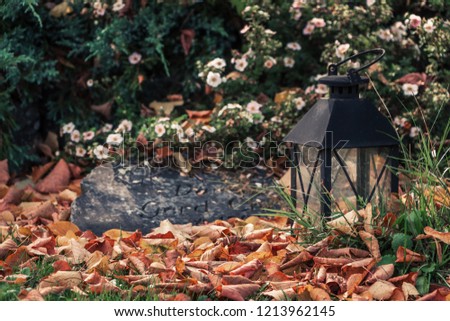 Beautiful black metal grave lantern in a cemetery. One lonely votive lantern with transparent glass by tombstone. Grey stone grave, green plants on background, dried fallen orange leaves on foreground