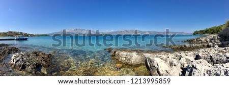 Views from Bilin Zal Beach in Lumbarda, Croatia Royalty-Free Stock Photo #1213995859