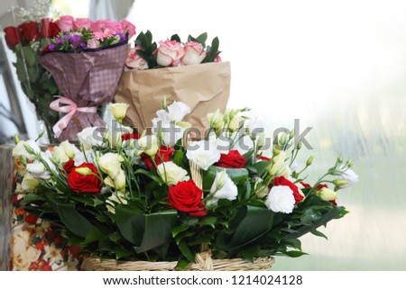 Bouquets of flowers on the counter. Diagonal