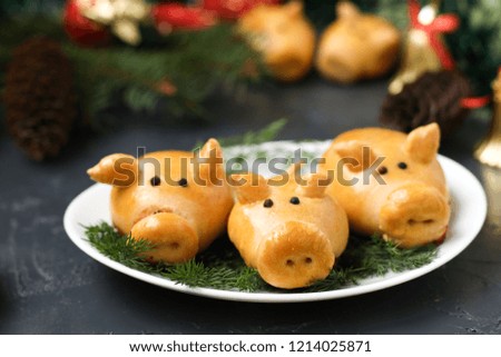 Buns "Pigs" for the New Year. Homemade baking. Buns on a plate against a dark background