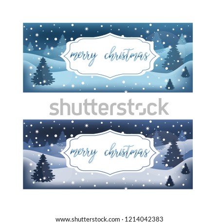 Vector postcard with Merry Christmas brush lettering text on winter background with snowflakes, fir-trees and snow, for greetings, cards, advertising, gifts, packaging, banners, invitations. EPS 10