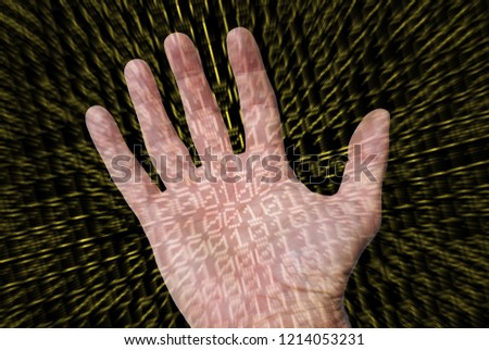 The binary information in your hand. Computer code 0 and 1. The internet era                   