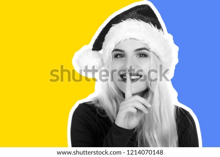 Attractive smiling young girl dressed in Santa's hat making faces and dreams about gifts. Christmas and New Year advertising concept Magazine style fashion collage with blank copy space