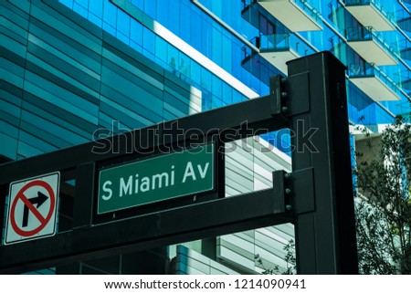 Cityscape sign view of the popular Brickell area near downtown Miami.