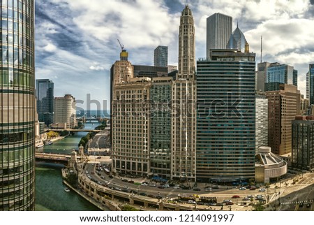 Wacker Drive at Wabash Street. Chicago, USA. Aerial cityscape of the Chicago River and surrounding architecture leading to Lake Michigan.