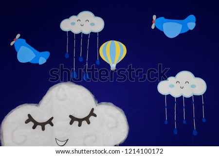 Background for birthday party, with airplanes, balloons and clouds smiling in a beautiful blue sky.