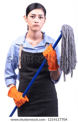 House cleaning service woman isolated in white. Asian young woman with gloves, upset mood, holding a mop. House cleaning service concept.