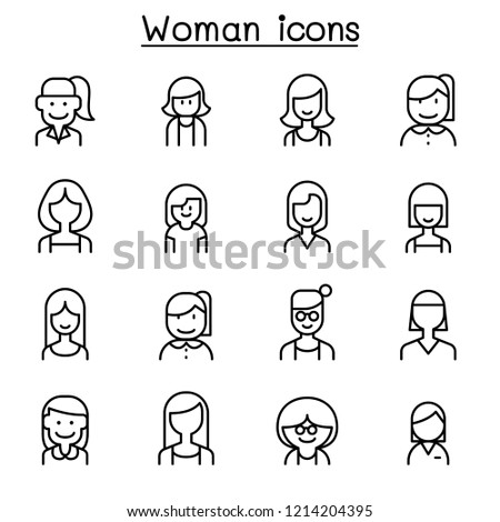Woman, Girl, lady, female, Mom icon set in thin line style