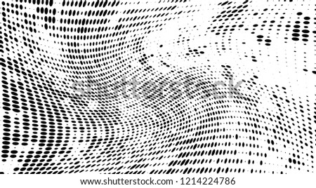 Subtle halftone vector texture overlay. Futuristic twisted grunge pattern, dot, circles. Monochrome abstract splattered background