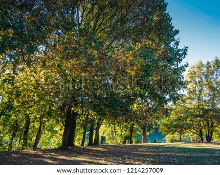 Geneva, Switzerland-October 2018: View of a small vacation spot on the banks of the Rhone river near Geneva. Trees in autumn beauty, blue sky and water.