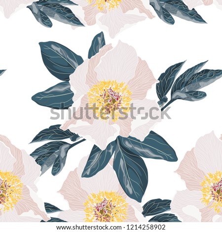 Seamless floral background with bouquets of beige peonies. Wedding wallpaper on the white background.