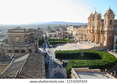 View of the town of Noto in Sicily, with its late-baroque palaces and church