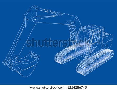 Excavator concept outline. Vector rendering of 3d. Wire-frame style. The layers of visible and invisible lines are separated