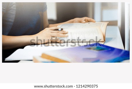 Young student study and learning subject additional outside the classroom. close up photo blur some content. photo with white frame and bottom space for text