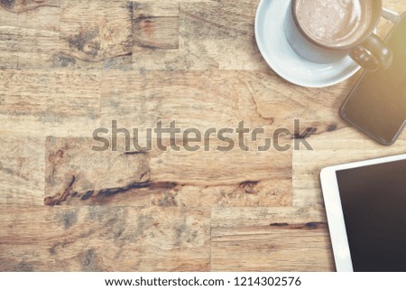 Vintage Tablet mockup flat lay on old table top wood background texture space clipping path concept workspace office blank note, plan on calendar new year, business blogger idea empty wooden view