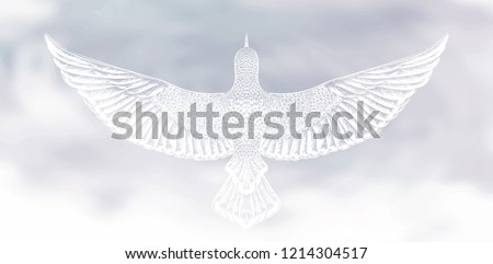 White hand drawn little bird in the cloudy. Watercolor background. Pastel colors. Romantic banner with symbol of peace. Flying dove in the cloudy sky. To be used for tattoo art, invitation card.