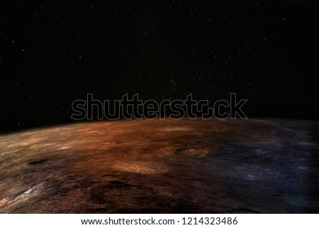 Mars - the red planet. Martian surface and dust in the atmosphere, stars above.   Elements of this image furnisfurnished by NASA.