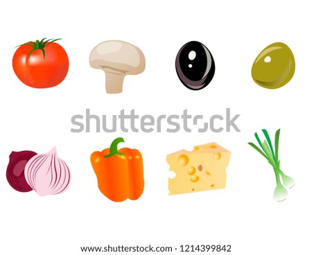 Set of pizza ingredients vector design: tomato, champignon, olive, onion, paprika, cheese