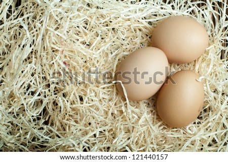 Three raw eggs in straw.