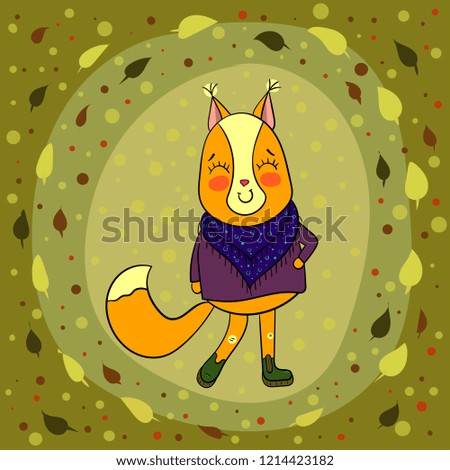 Cute squirrel character in autumn in a scarf, against a background of falling leaves .Vector.