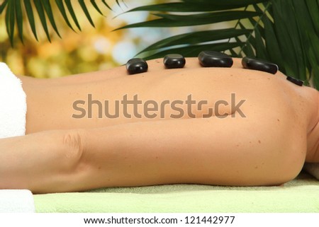 beautiful woman back in with spa stones, on palm leaves background