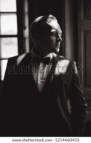 Handsome man in suit and tie bow stand near the window. Black and white picture
