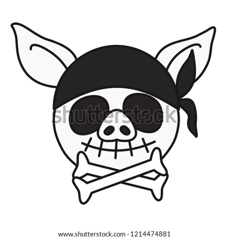 emoji with pirate death sign, smiling Jolly Roger pig skull with bones wearing a bandanna, simple hand drawn emoticon, simplistic colorful picture, vector art with pig-like characters