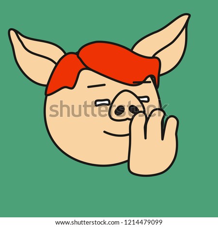 emoji with pig guy that is spreading rumors by whispering to someone's ear, simple hand drawn emoticon, simplistic colorful picture, vector art with pig-like characters