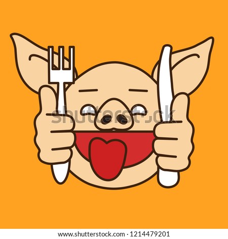 emoji with drooling hungry pig guy that is ready to eat & sticking his tongue out with fork and knife in his hands, simple hand drawn emoticon, simplistic colorful picture, eps 10 vector clip art