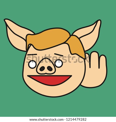 emoji with pig guy that is overhearing the conversation or listening to someone talking or just spying, simple hand drawn emoticon, simplistic colorful picture, vector art with pig-like characters