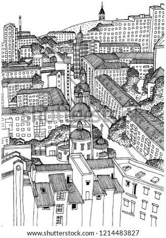 Black and white image of the city of Krasnoyarsk from a height. Good for online publications, social networks, and other publications.