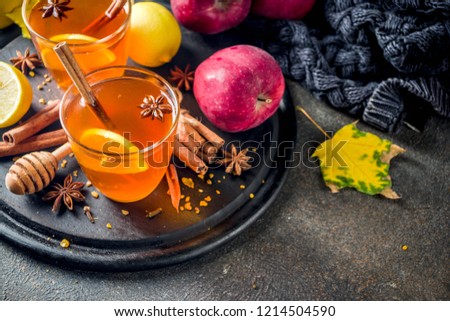 Two cups of autumn winter hot spicy tea with red apples, lemons, cinnamon, anise, honey, Dark rusty background copy space