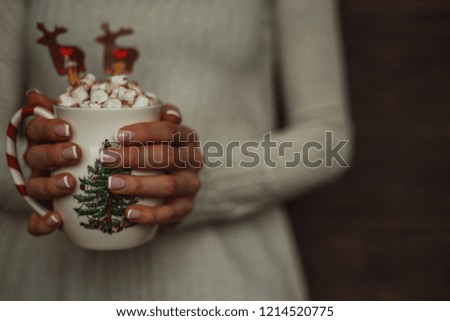 Woman hands holding a cup of coffee. Cozy winter concept. Winter hot drink. Hot chocolate or cocoa with marshmallow and spices. Woman's hands in winter clothes holding a hot drink.