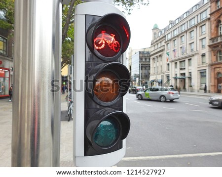 Bicycle traffic lights on red on Westmoreland Street, Dublin City Centre.
