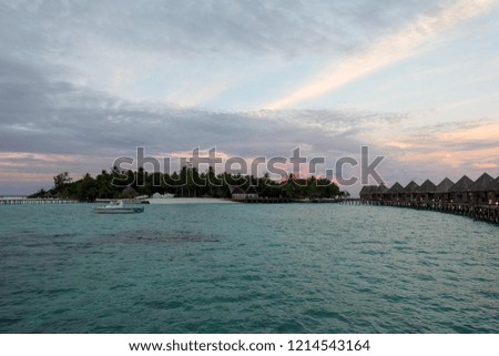 Tropical Island Beach In The Maldives At Summer Day With Sunset Light Sky.