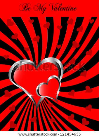 A vector valentines background with a large central hearts on a  red and black pattern